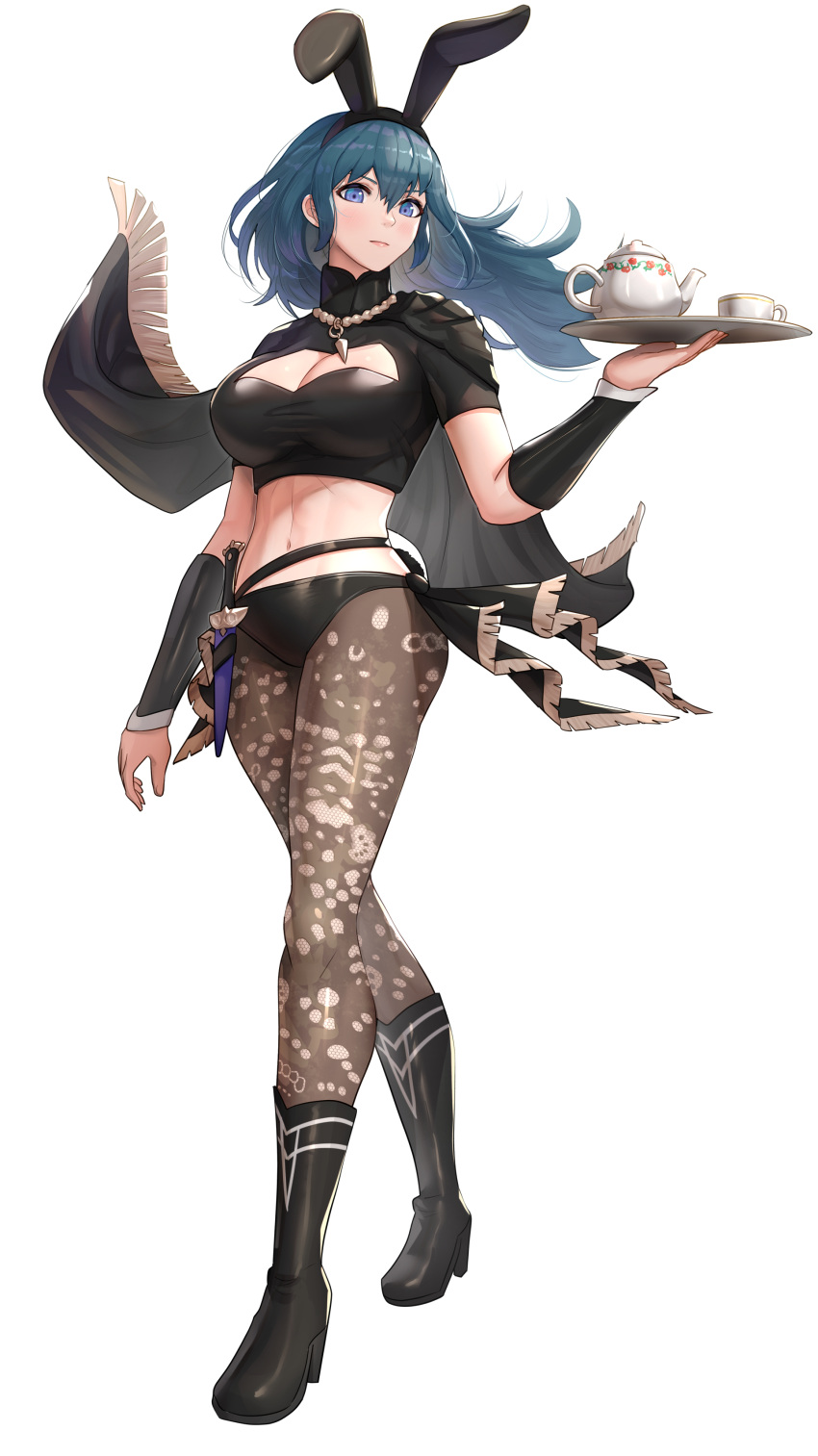 1girl absurd_res alluring animal_ears big_breasts bikini bikini_bottom_only black_bikini black_cape blue_eyes boots breasts brown_pantyhose byleth_(female) byleth_(female)_(fire_emblem) byleth_(fire_emblem) byleth_(fire_emblem)_(female) cape cleavage closed_mouth crop_top cup dagger expressionless fake_animal_ears fire_emblem fire_emblem:_three_houses floating_hair full_body gonzarez hair_between_eyes high_res holding holding_cup holding_tray holster knife lace lace-trimmed_legwear lace_trim leotard long_hair looking_at_viewer midriff navel nintendo pantyhose pink_lips playboy_bunny print_pantyhose rabbit_ears sheath sheathed short_sleeves simple_background stomach swimsuit teacup teal_hair teapot thighs tray vambraces weapon white_background