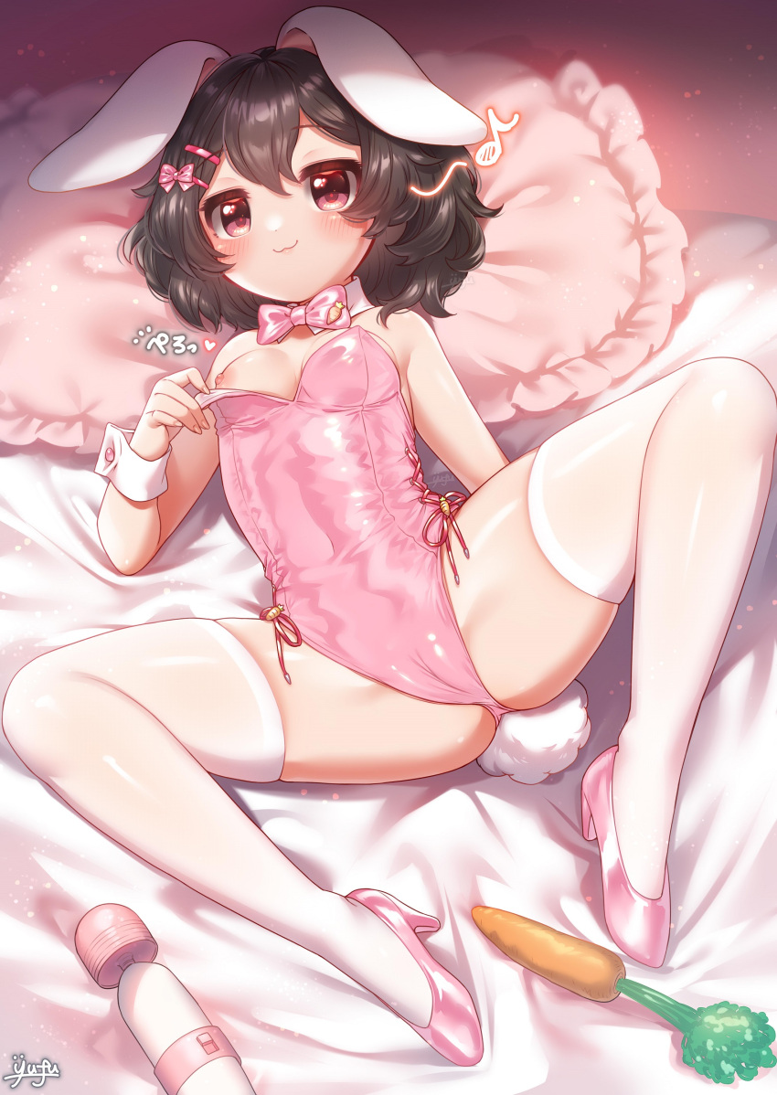 1girl 1girl :3 :d absurd_res alternate_costume animal_ears bare_shoulders bed black_hair blush bow bowtie breasts breasts_apart cameltoe carrot commentary detached_collar fingernails floppy_ears full_body hair_between_eyes hair_bow hair_ornament hairclip high_heels high_res hitachi_magic_wand inaba_tewi leotard looking_at_viewer lying nipples on_back open_mouth paid_reward_available pillow pink_bow pink_bowtie pink_footwear pink_leotard playboy_bunny rabbit_ears rabbit_girl rabbit_tail red_eyes sex_toy short_hair side-tie_leotard skindentation small_breasts smile spread_legs stockings strapless strapless_leotard tail touhou translation_request vibrator wavy_hair white_thighhighs wrist_cuffs yufukiri