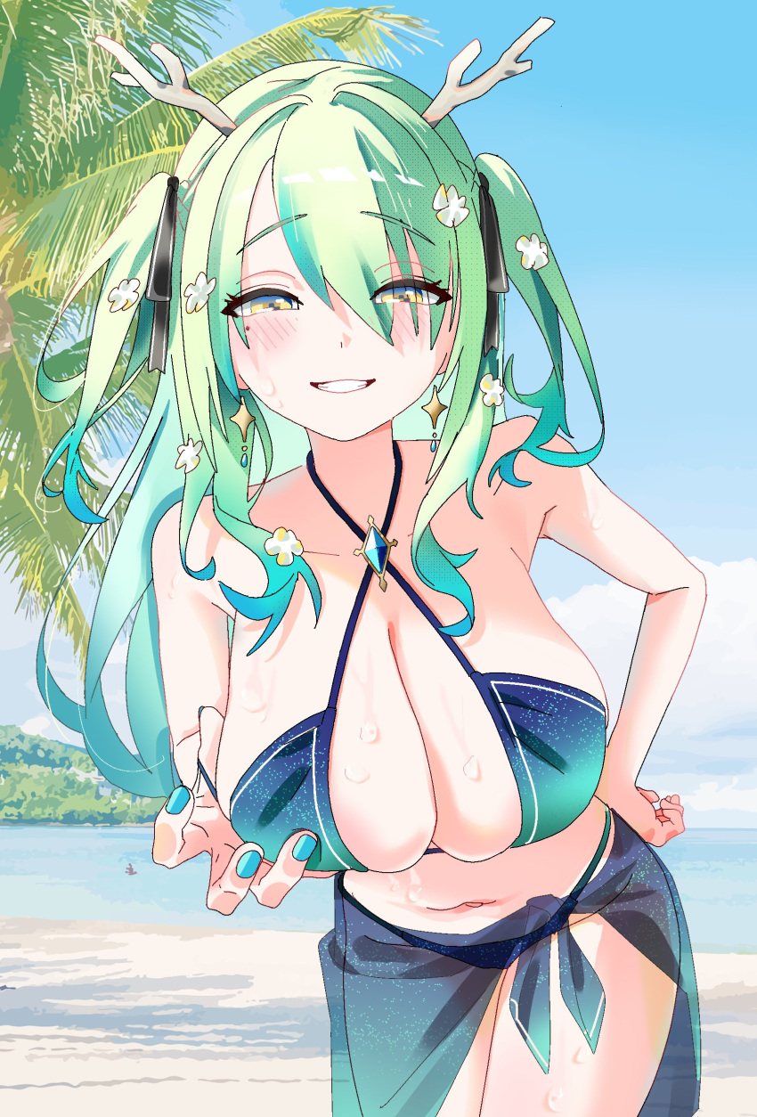 1girl absurd_res antlers beach big_breasts bikini black_bikini black_ribbon blue_bikini blush breasts ceres_fauna clothes_pull earrings flower gem gradient_bikini green_bikini green_hair green_nails gurumie hair_flower hair_ornament hair_ribbon hand_on_own_hip high_res hololive hololive_english jewelry leaning_forward long_hair mole mole_under_eye navel ocean outside ribbon sarong smile smug swimsuit twin_tails virtual_youtuber yellow_eyes