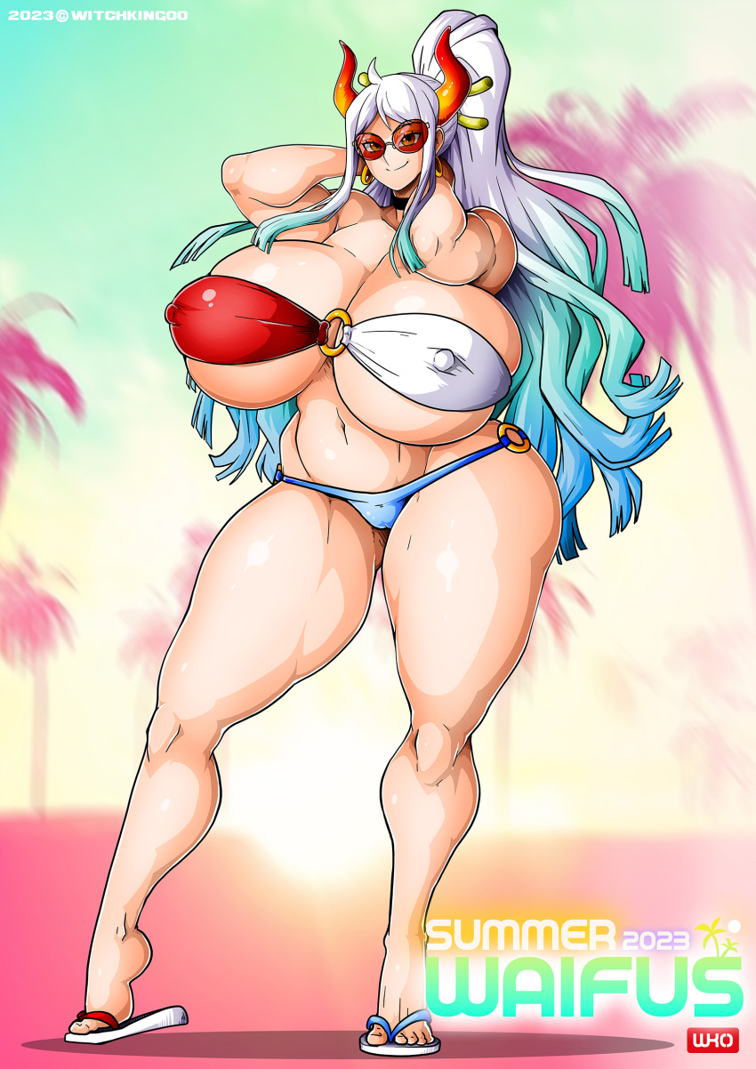 beach gigantic_ass gigantic_breasts horns hourglass_figure one_piece ponytail sunglasses witchking00 yamato_(one_piece)