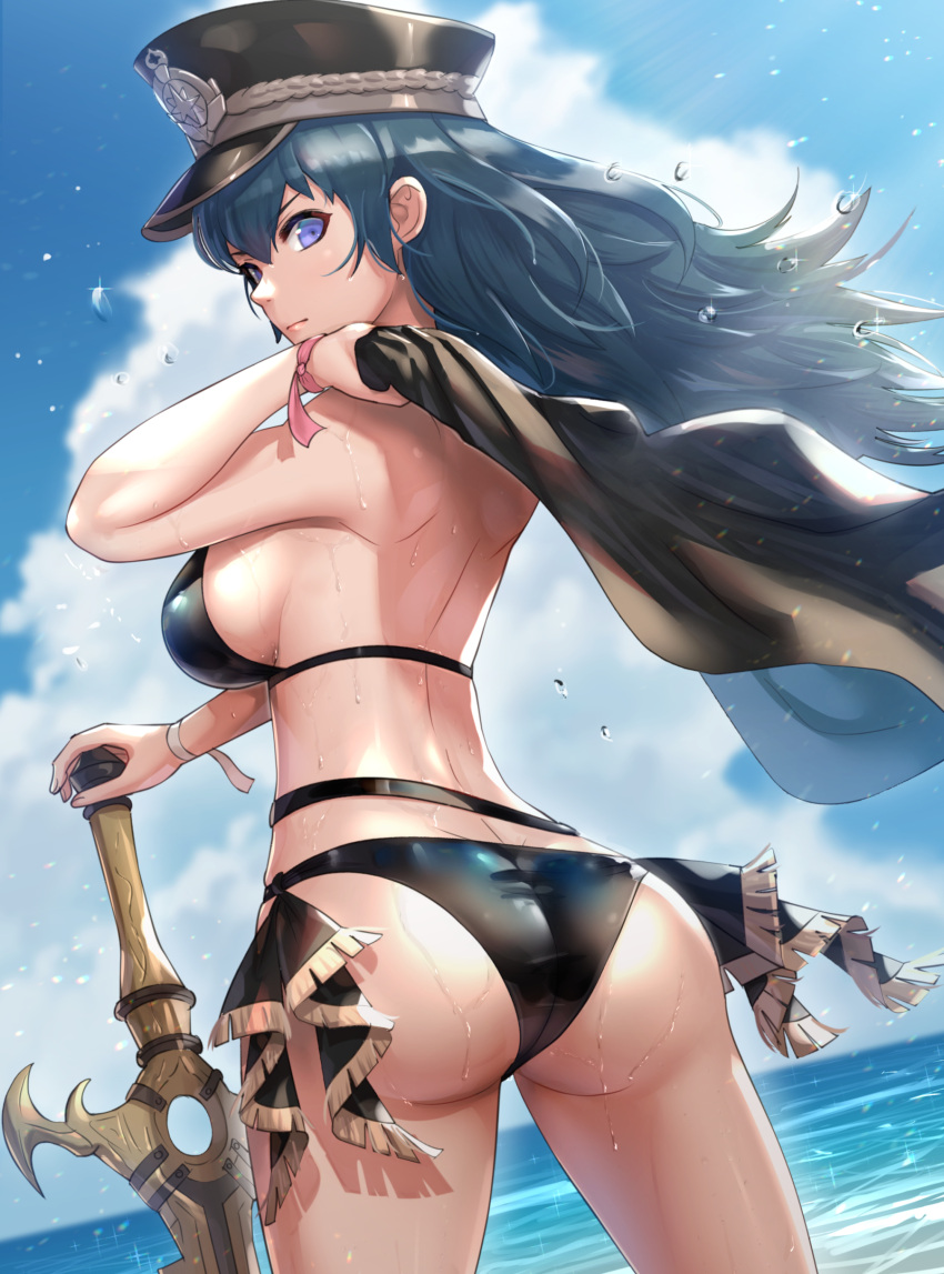 1girl 1girl absurd_res alluring ass back belt big_breasts bikini black_bikini black_headwear black_jacket blue_sky breasts byleth_(female) byleth_(female)_(fire_emblem) byleth_(female)_(summer)_(fire_emblem) byleth_(fire_emblem) byleth_(fire_emblem)_(female) closed_mouth cloud cowboy_shot day fire_emblem fire_emblem:_three_houses floating_hair fringe_trim from_behind gonzarez hat high_res holding holding_clothes holding_jacket horizon jacket jacket_removed long_hair looking_at_viewer looking_back nintendo ocean official_alternate_costume peaked_cap planted planted_sword planted_weapon purple_eyes serious sideboob sky swimsuit sword sword_of_the_creator teal_hair water water_drop weapon wind wristband