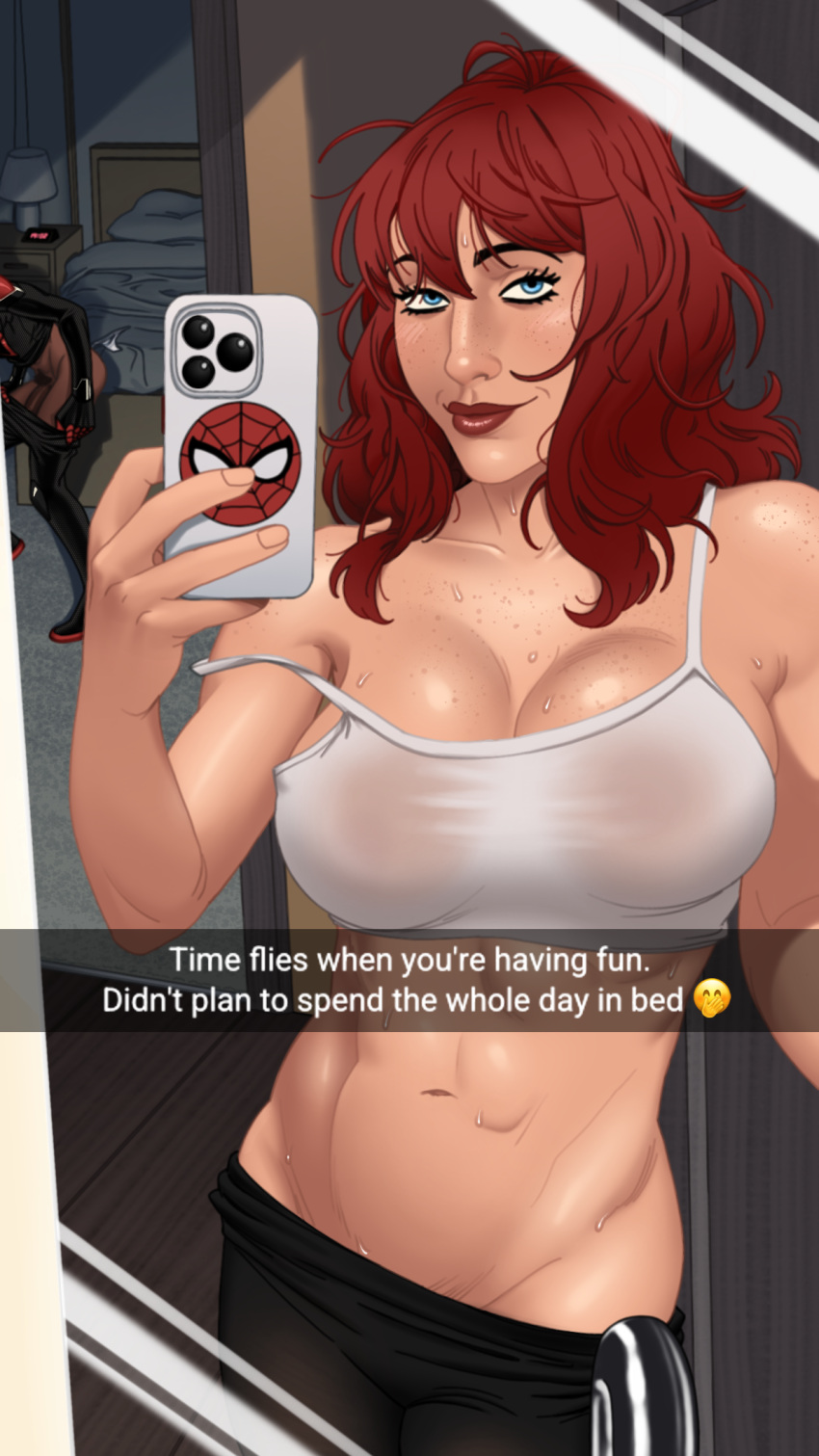1boy 1girl abs after_sex age_difference bed bedroom big_breasts cheating cheating_wife crop_top digital_clock freckles freckles_on_breasts freckles_on_chest freckles_on_face freckles_on_shoulders interracial long_hair looking_at_viewer marvel marvel_comics mary_jane_watson messy_hair miles_morales milf mirror mirror_reflection older_female older_female_and_younger_boy putting_clothes_on red_hair redhead satisfied see-through selfpic smile snapchat spider-man spider-man_(series) sweat thin_clothing wet_clothes younger_male