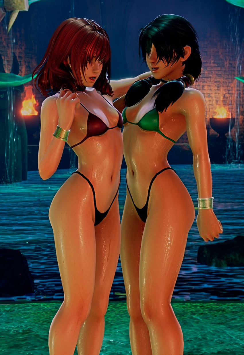 2_girls 3d alluring amy_sorel bikini black_hair bracelet cleavage legs looking_at_another low_twintails navel open_mouth project_soul red_hair small_breasts smile soul_calibur swimsuit talim thighs thong_bikini wet