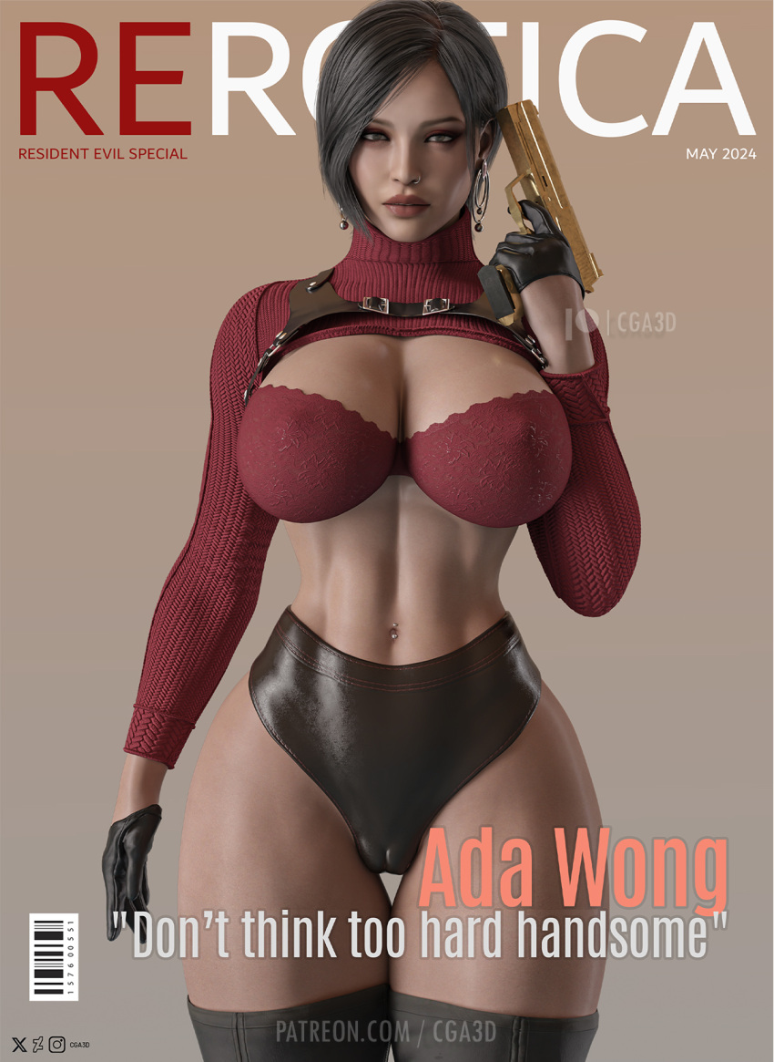 1girl 3d 3d_(artwork) abs ada_wong ada_wong_(adriana) big_breasts black_hair blurry_background bracelet breasts cga3d choker curvaceous curvy curvy_female curvy_figure detailed_background erotichris female_focus female_only high_res high_resolution leather_jacket lingerie magazine_cover navel navel_piercing piercing resident_evil resident_evil_2 resident_evil_2_remake resident_evil_4 resident_evil_4_remake shorts solo_female solo_focus stockings thick_thighs voluptuous voluptuous_female wide_hips