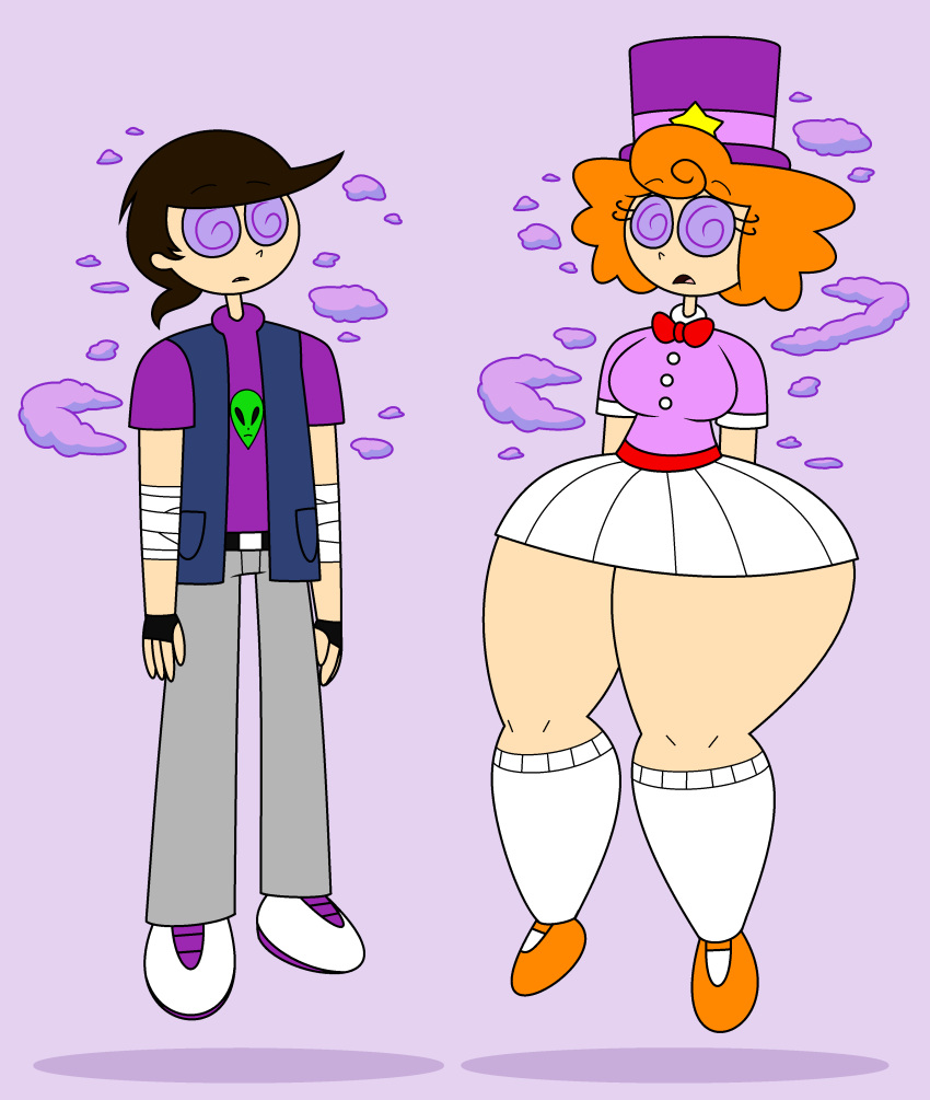 2023 catallus_(jjsponge120) catallus_the_dear_boy floating hypnosis hypnotic_eyes hypnotized la-artist322_(artist) lottie_(jjsponge120) lottie_the_wonder_girl lustful pink_background standing_together tagme thicc thicc_lottie thicc_thighs together victim victims