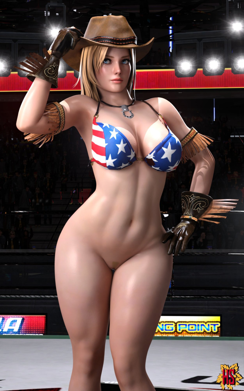 1girl 3d alluring armlet bare_legs big_breasts bikini_top blonde_hair cowboy_hat cowgirl dead_or_alive dead_or_alive_2 dead_or_alive_3 dead_or_alive_4 dead_or_alive_5 dead_or_alive_6 dead_or_alive_xtreme dead_or_alive_xtreme_2 dead_or_alive_xtreme_3 dead_or_alive_xtreme_3_fortune dead_or_alive_xtreme_beach_volleyball dead_or_alive_xtreme_venus_vacation female_focus female_only hagiwara_studio hat hourglass_figure long_hair naked_from_the_waist_down pin_up pussy tina_armstrong wide_hips wrestling_ring