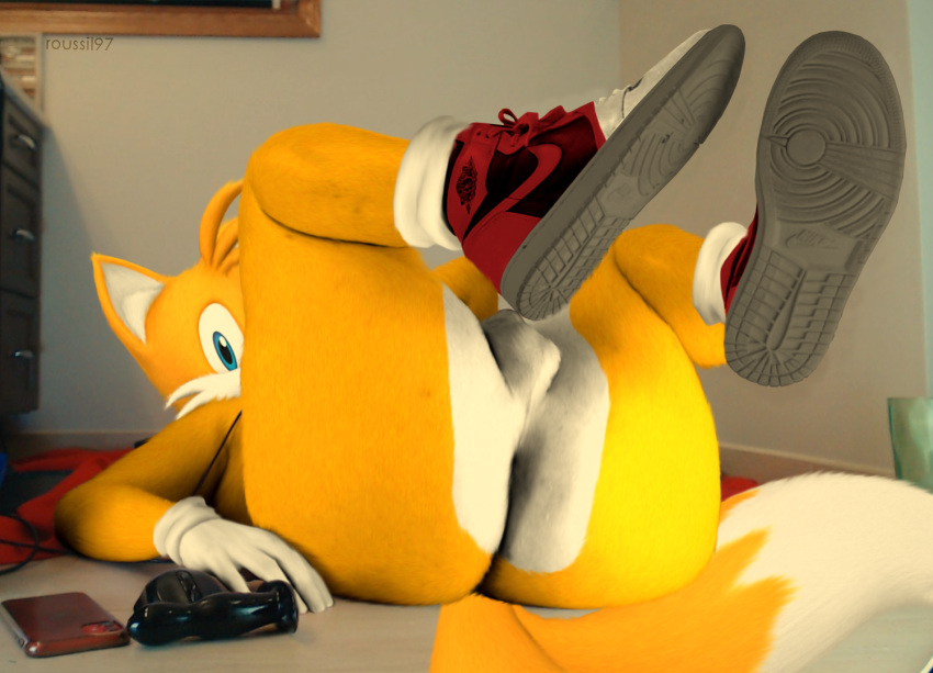 1boy 3d anthro ass edit fox furry gloves looking_at_viewer miles_"tails"_prower nude otarlette penis sega shoes socks sonic_the_hedgehog_(series) source_request tagme testicle yaoi