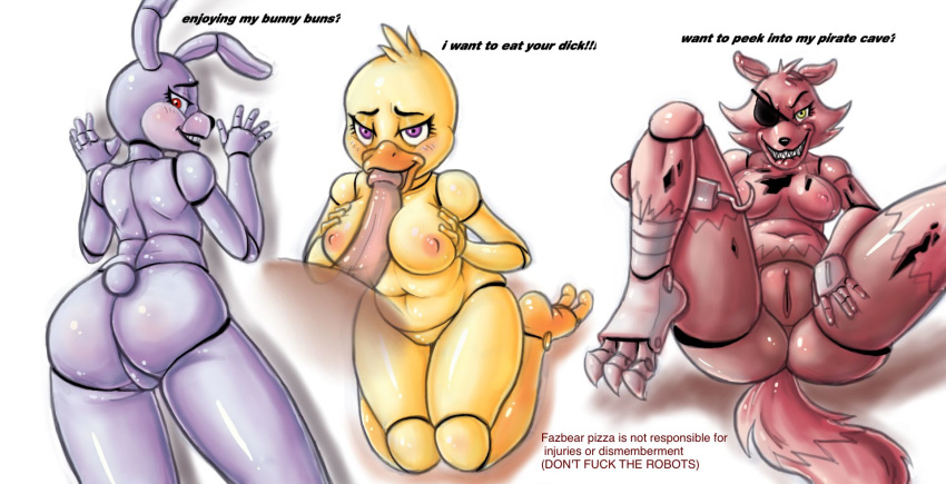 3girls anthro areola ass big_ass bonnie_(fnaf) breasts chica_(fnaf) dialogue english_text female five_nights_at_freddy's foxy_(fnaf) full_body furry large_breasts looking_at_viewer looking_back naughty_face nude presenting presenting_hindquarters seductive standing text warning