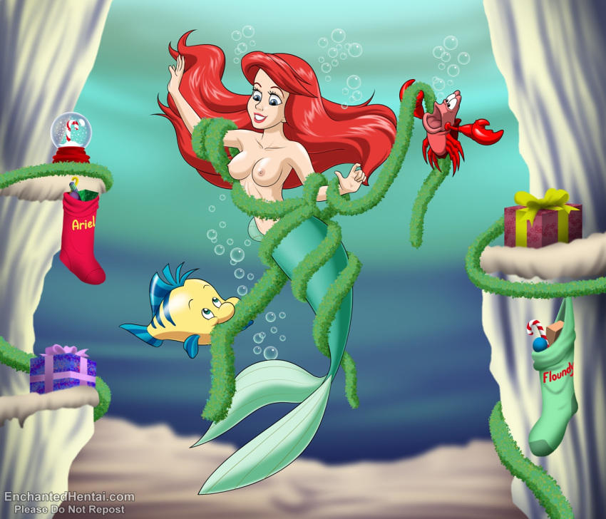 breasts christmas crab disney enchantedhentai.com fish flounder hair mermaid princess_ariel red_hair sebastian the_little_mermaid underwater