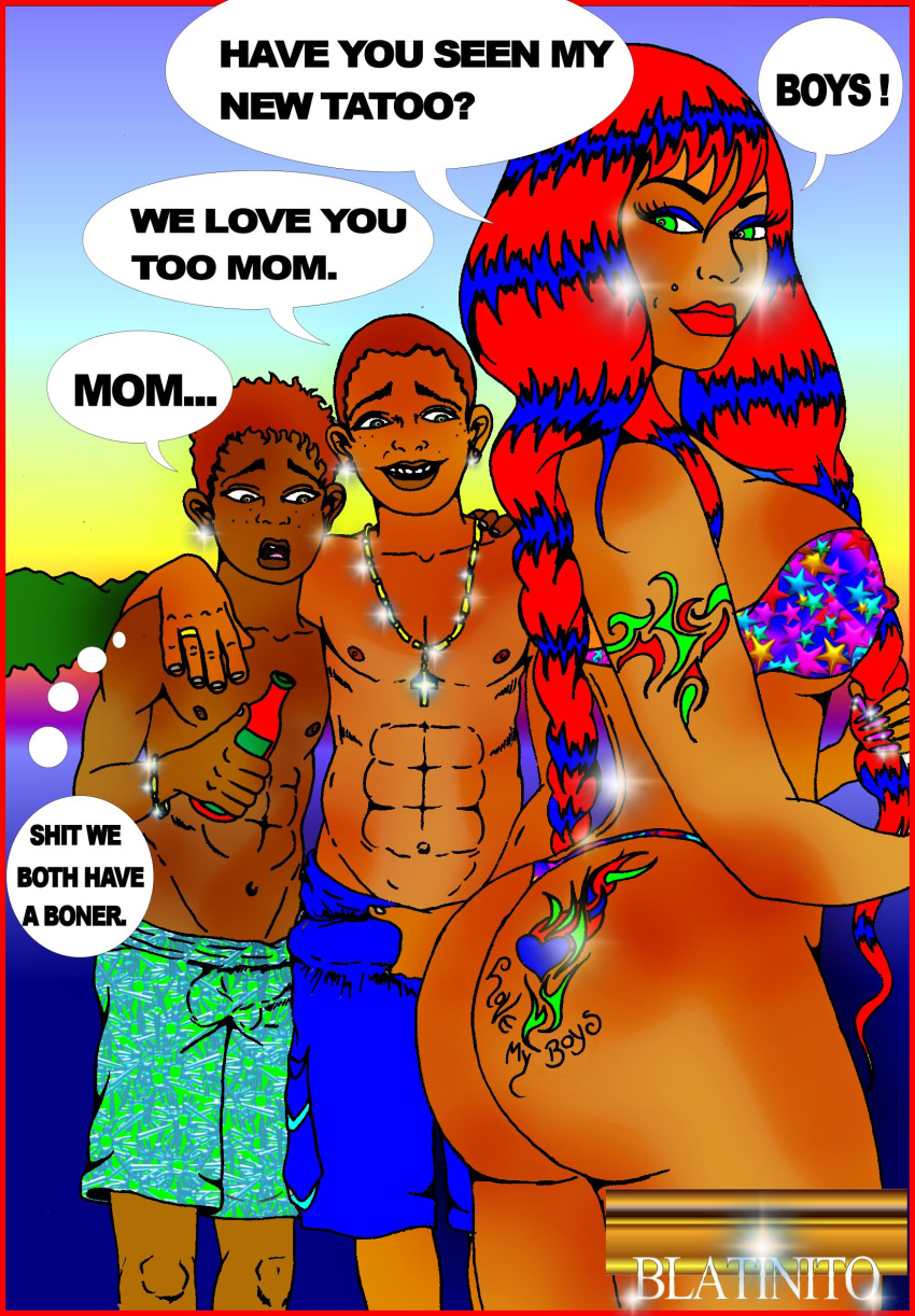 2boys ass_tattoo beach big_ass blatinito boys erection erection_under_clothes incest latina milf mother mother_and_son original original_character sideboob son tanned
