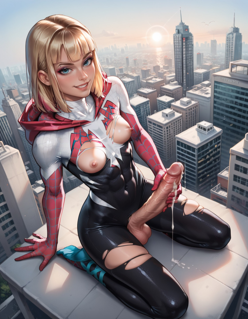1futa ai_generated ballet_slippers big_penis blonde_hair blue_eyes bodysuit breasts breasts_out_of_clothes breasts_outside cum cum_drip dripping_cum futa_only futanari grabbing_own_penis gwen_stacy hood huge_cock huge_penis looking_at_viewer marvel marvel_comics nipple_slip nipples older older_female pink_nipples short_hair small_breasts smile solo_futa spider-gwen torn_clothes young_adult young_adult_female young_adult_woman