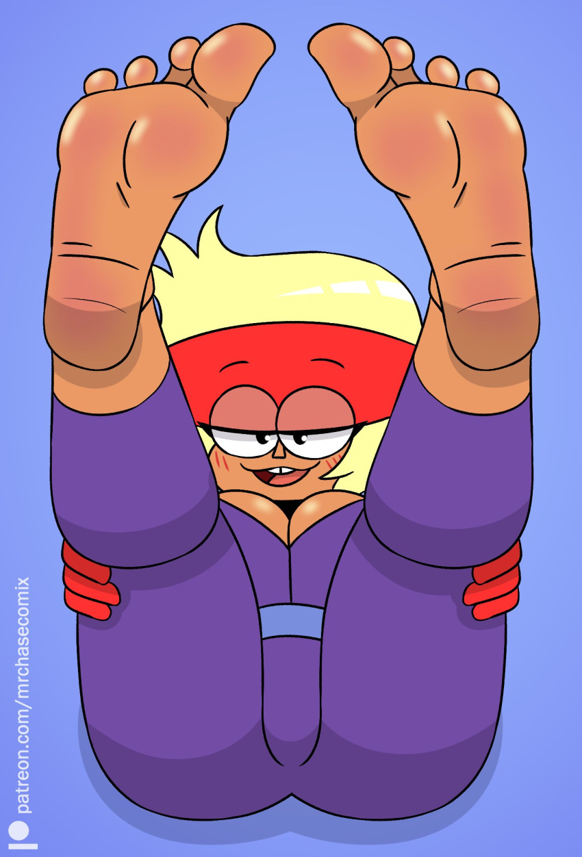 1girl barefoot blonde_hair blush carol_kincaid cartoon_network cleavage female_only foot_fetish jumpsuit legs_up mr._chase_comix ok_k.o.!_let's_be_heroes red_headband soles solo_female toes