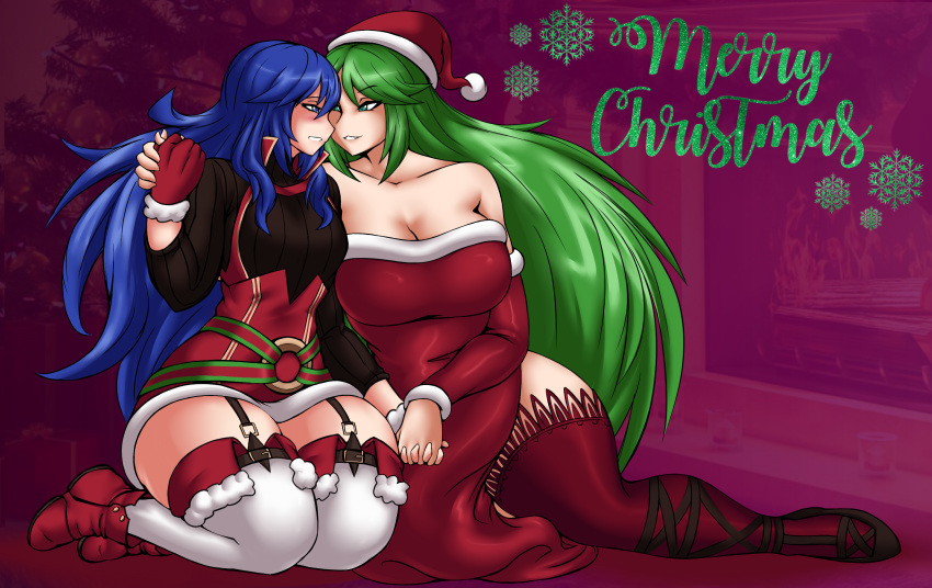 2_girls absurd_res alluring bare_shoulders big_breasts blue_eyes blue_hair boots breasts christmas cleavage collarbone detached_sleeves dress english_text female_focus fire_emblem fire_emblem_awakening full_body garter_straps gloves green_eyes green_hair hat high_res holding_hands kid_icarus kyelyn long_hair long_sleeves looking_at_another lucina lucina_(fire_emblem) mario_(series) matching_hair/eyes merry_christmas multiple_girls nintendo palutena red_dress red_gloves red_legwear santa_hat sitting small_breasts smile stockings strapless super_mario_bros._1 white_legwear yuri
