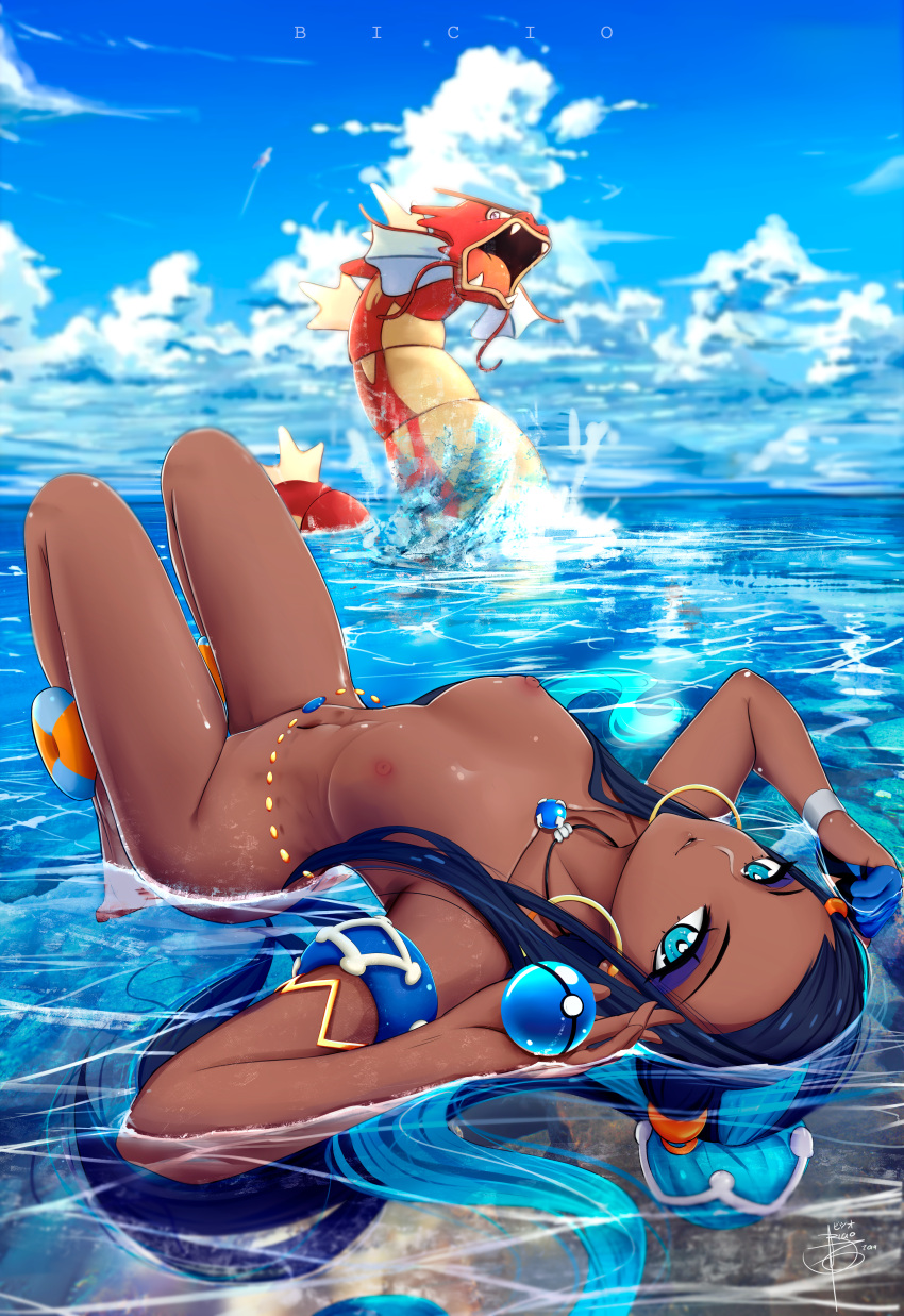 1girl 1girl abs alternative_color androgynous armpits ass belly bicio breasts clothing dark_skin extremely_large_filesize eye_contact eyeshadow fish fit gyarados high_resolution large_filesize looking_at_viewer lying makeup muscle navel nessa_(pokemon) nintendo nude partially_clothed pokemon pokemon_(game) pokemon_red_green_blue_&amp;_yellow pokemon_species pokemon_sword_&amp;_shield pose shiny_pokemon size_difference small_breasts smaller_female very_high_resolution water wide_hips