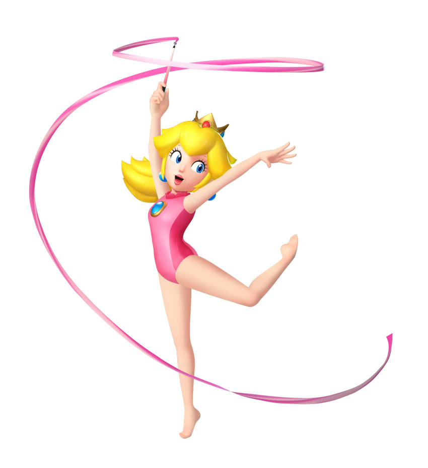 1girl 3d barefoot blonde_hair blue_eyes feet full_body leotard lips mario_&amp;_sonic_at_the_london_2012_olympic_games mario_&amp;_sonic_at_the_olympic_games mario_(series) nintendo official_art princess_peach simple_background solo super_mario_bros. white_background