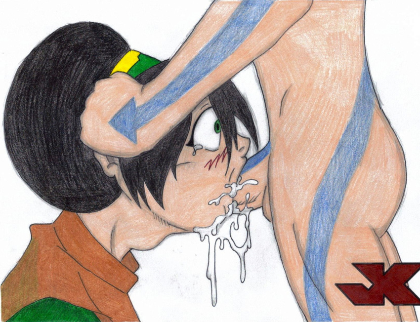 aang avatar:_the_last_airbender crayon cum cum_drip cum_in_mouth cum_inside deepthroat erection fellatio jk nude oral penis toph_bei_fong uncensored white_background