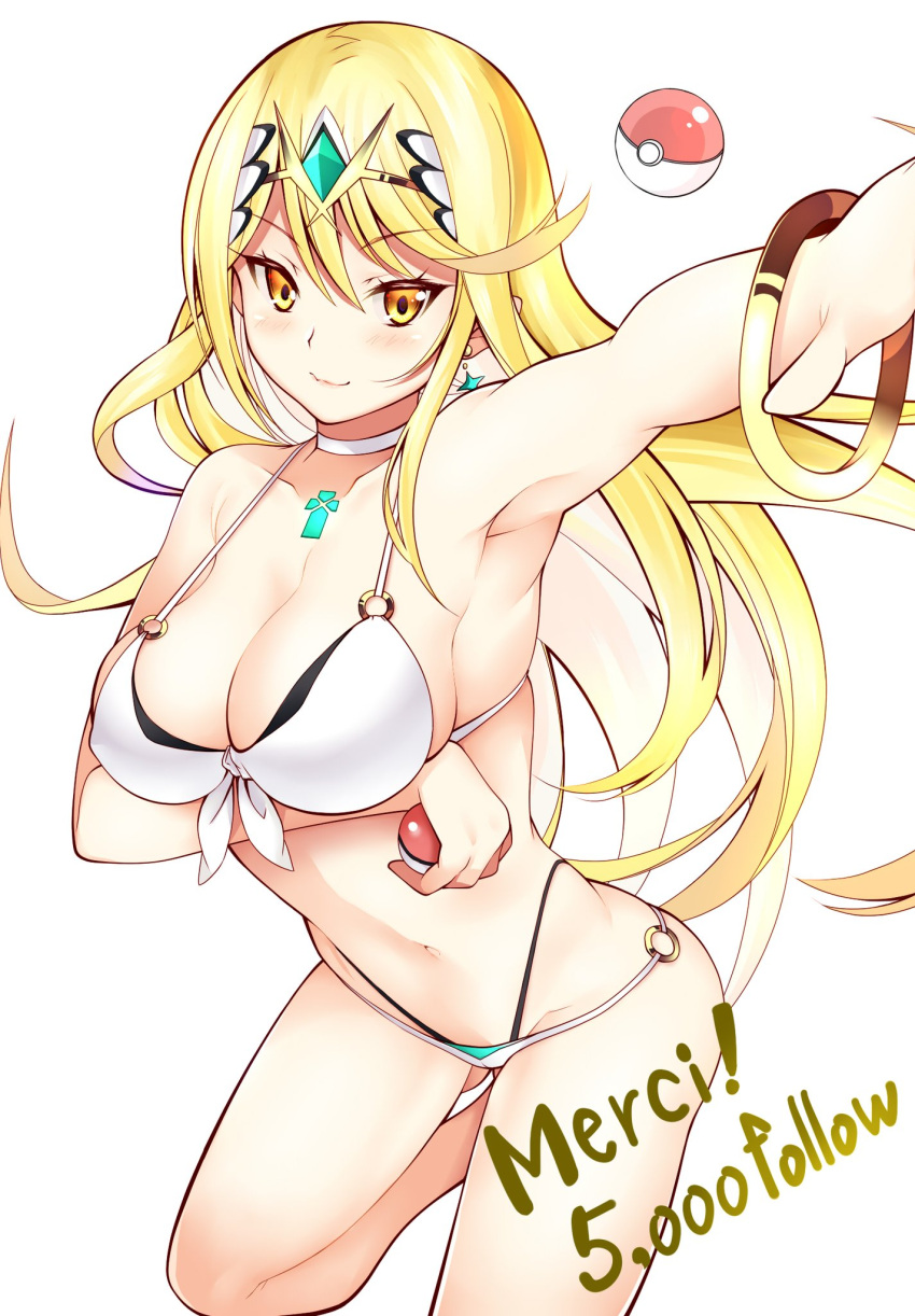 alluring arm_under_breasts bangs big_breasts bikini blonde_hair blush breasts cleavage cowboy_shot creatures_(company) daive eyebrows_visible_through_hair french_text front-tie_bikini front-tie_top game_freak high_res mythra mythra_(xenoblade) nintendo o-ring o-ring_bikini poke_ball poke_ball_(basic) pokemon simple_background smile strap_gap swept_bangs swimsuit tiara voluptuous white_background white_bikini xenoblade_(series) xenoblade_chronicles_2 yellow_eyes