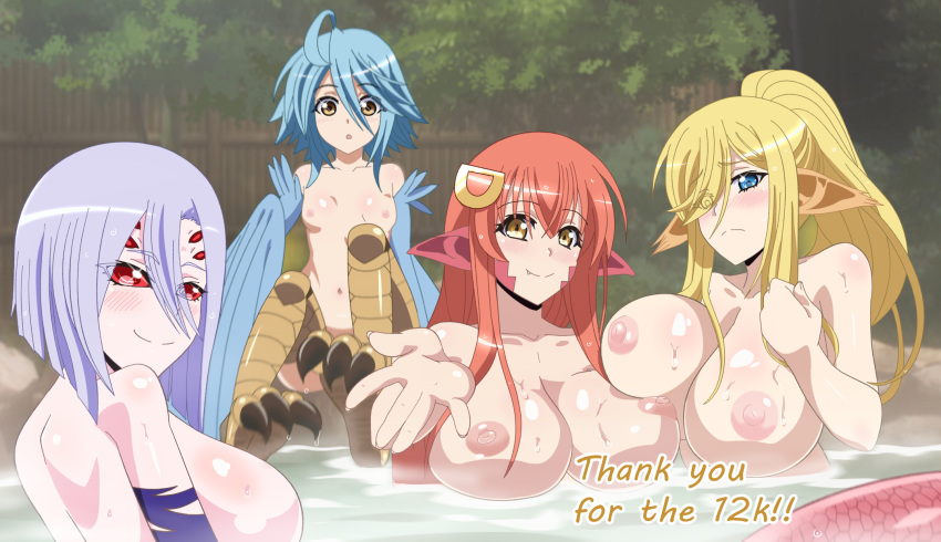 1girl 4girls animal_ears animal_feet asymmetrical_docking back big_breasts blonde blue_eyes blush breast-to-breast breast_press breasts centaurea_shianus centorea_shianus closed_mouth extra_eyes female_only hair_between_eyes high_resolution huge_breasts lavender_hair looking_at_viewer looking_back miia_(monster_musume) monster_girl monster_musume_no_iru_nichijou multiple_girls nipples nude onsen open_mouth outside papi_(monster_musume) partially_submerged ponytail rachnera_arachnera red_eyes red_hair short_hair sidelocks sitting small_breasts smile thank_you tied_hair upper_body water wet yellow_eyes zorzero
