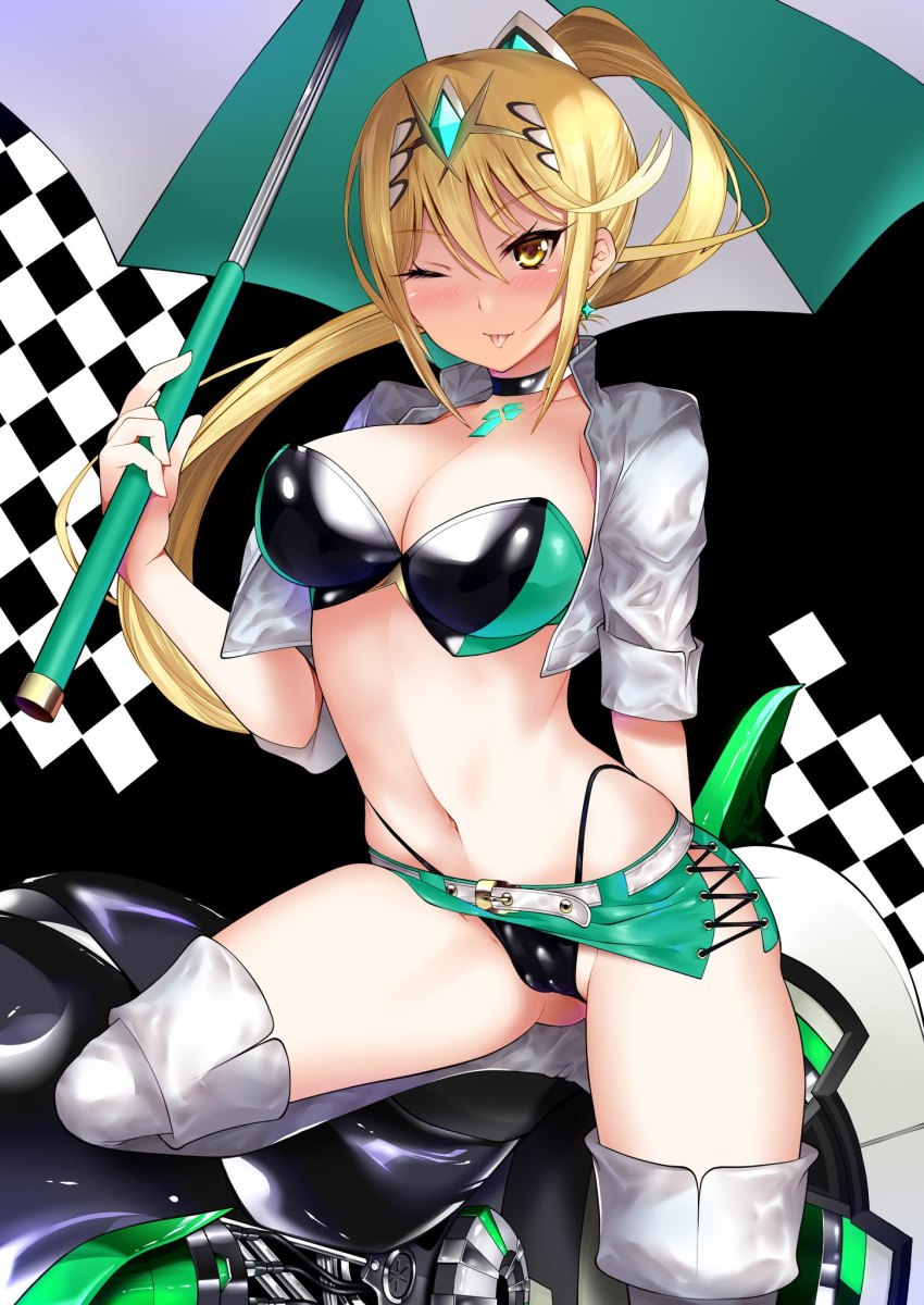 1girl ;p alluring alternate_hairstyle belt belt_buckle big_breasts bikini black_choker blonde_hair blush boots breasts buckle camisole checkered checkered_background choker cleavage closed_mouth cropped_jacket daive earrings gem high_ponytail high_res holding holding_umbrella jacket jewelry leg_lift long_hair looking_at_viewer miniskirt mythra mythra_(xenoblade) navel nintendo one_eye_closed open_clothes open_jacket race_queen short_sleeves skirt smile stockings stomach swimsuit thigh_high_boots thong_bikini tiara tongue tongue_out two-tone_background two-tone_bikini umbrella upskirt very_long_hair voluptuous white_footwear white_jacket xenoblade_(series) xenoblade_chronicles_2 yellow_eyes