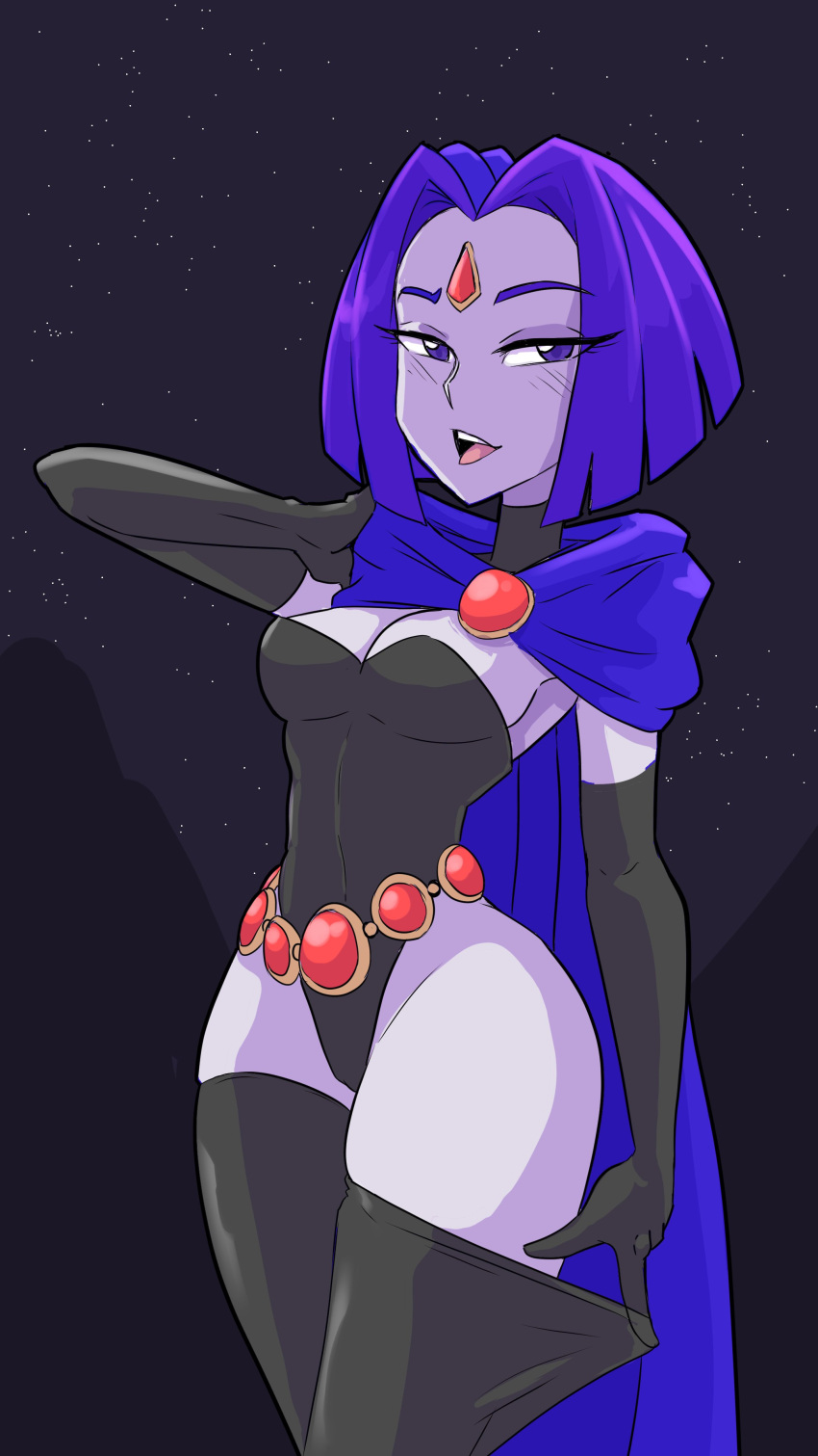 1girl 1girl 1girl 2022 absurd_res amhidden armwear belt black_thighhighs blush cloak dc_comics female_only forehead_jewel leotard looking_at_viewer medium_hair narrowed_eyes purple_eyes purple_hair raven_(dc) smiling_at_viewer solo_female stockings teen_titans thick_thighs thigh_squish thighhighs_pull