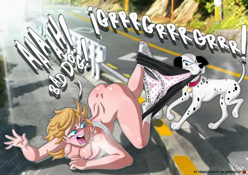 ass blonde_hair blue_eyes blush bottomless dog embarrassed embarrassing enf exposed_ass female_human funny heart_panties heart_print human long_hair mad pants_down panty_pull pink_panties shiny_skin