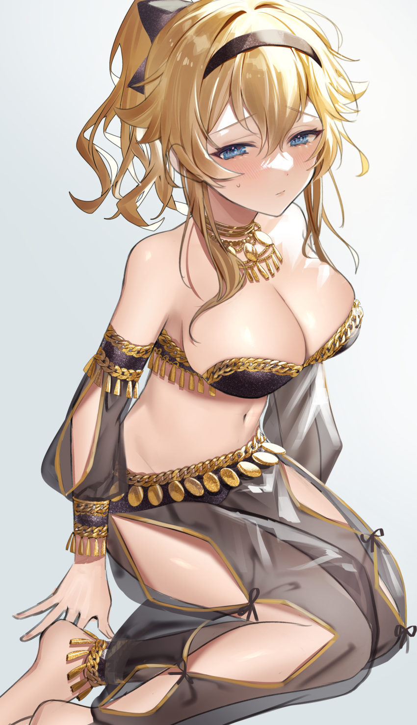 1girl 1girl absurd_res alluring bangs barefoot big_breasts black_hairband blonde_hair blue_eyes blush bra breasts brown_bra cleavage closed_mouth dancer detached_sleeves ears_visible_through_hair feet_out_of_frame genshin_impact hair_between_eyes hairband high_res jean_gunnhildr jewelry long_hair looking_at_viewer looking_away navel necklace pants see-through simple_background sitting stomach syandega underwear