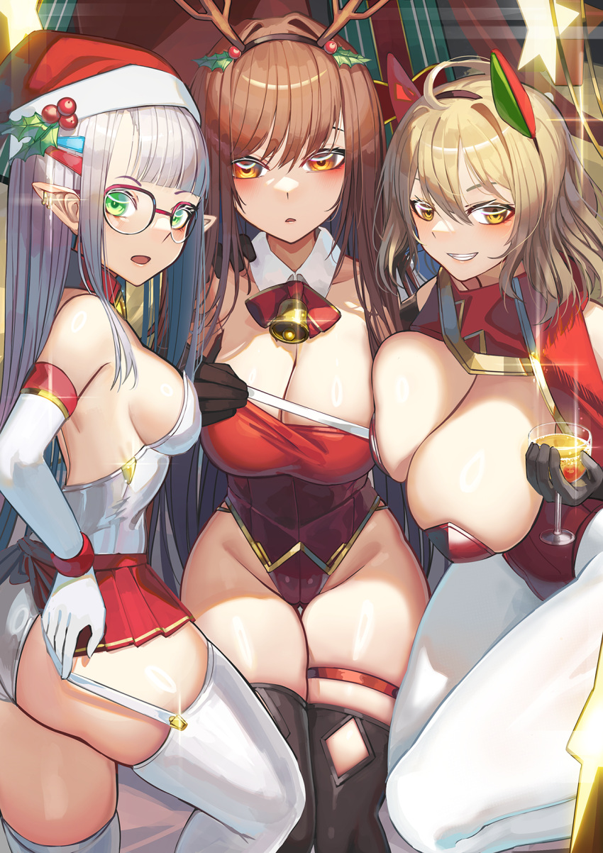 3_girls anis_(nikke) bell big_breasts black_gloves black_thighhighs blonde_hair breast_press breasts brown_hair christmas cleavage commentary_request cup detached_collar elbow_gloves fake_antlers from_side gloves goddess_of_victory:_nikke green_eyes grey_hair grin hair_between_eyes hat high_res highleg highleg_leotard holding holding_cup leotard long_hair looking_at_viewer looking_to_the_side medium_breasts multiple_girls natori_youkai neck_bell neon_(nikke) open_mouth panties pantyhose pointy_ears rapi_(nikke) red_leotard red_skirt santa_hat shiny_skin skirt smile stockings straight_hair strapless strapless_leotard thighs underwear very_long_hair white_gloves white_panties white_pantyhose white_thighhighs yellow_eyes