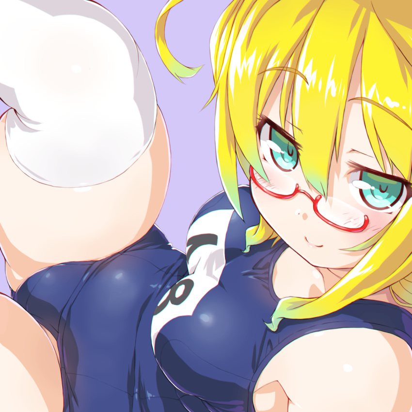 1girl ahoge aqua_eyes blonde_hair blue_eyes breasts closed_mouth dd_(ijigendd) eyebrows_visible_through_hair from_above glasses gluteal_fold hair_between_eyes highres i-8_(kantai_collection) kantai_collection leaning_back looking_at_viewer medium_breasts red-framed_eyewear school_swimsuit sidelocks simple_background smile solo stockings swimsuit thigh-highs thighs under-rim_eyewear white_legwear