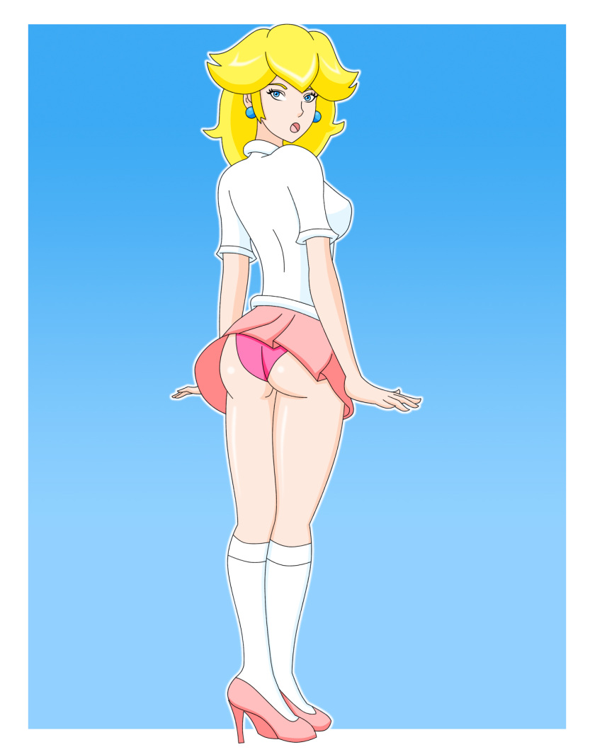 1girl ass big_breasts breasts female female_only looking_at_viewer pervyangel princess_peach school_uniform smile solo super_mario_bros. upskirt