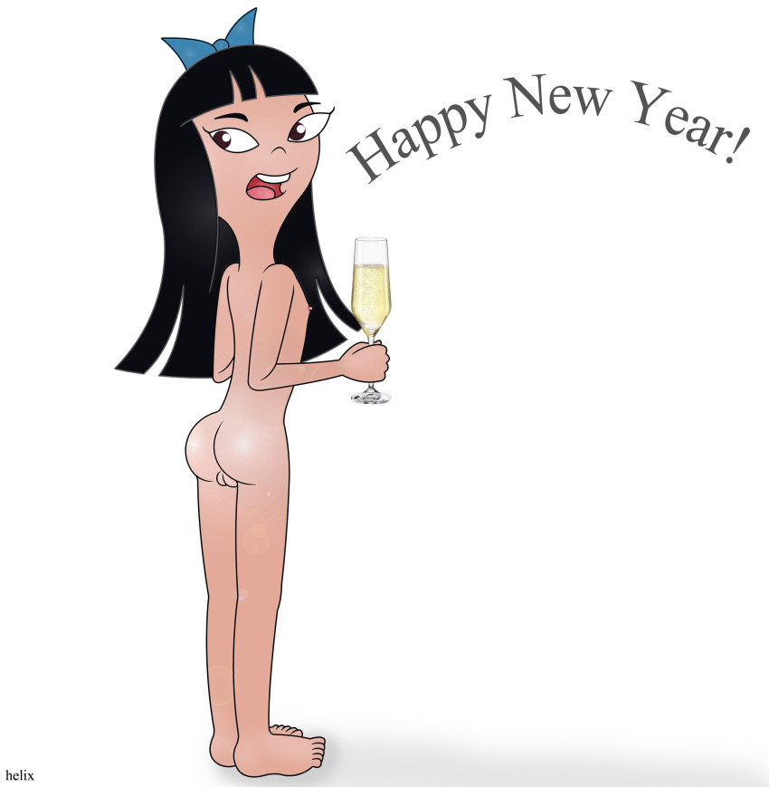 ass black_hair cleft_of_venus completely_nude cup disney female_focus flat_chest helix looking_back new_year nipples nude open_mouth phineas_and_ferb pussy ribbon simple_background stacy_hirano white_background