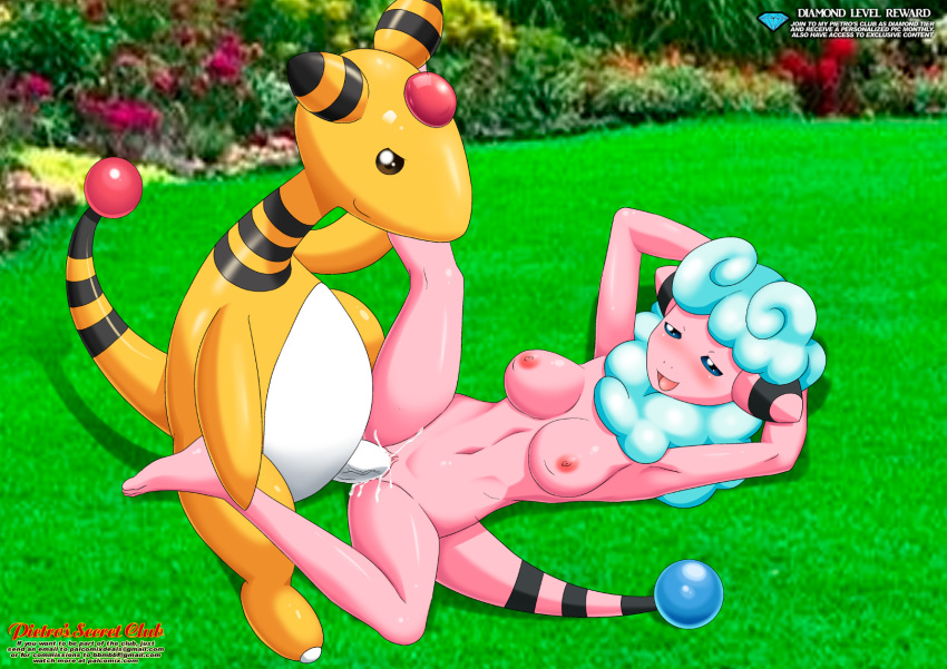 1girl 1male ampharos bbmbbf black_eyes blue_eyes blush breasts cum cum_in_pussy female_pokemon flaaffy hands_behind_head horny laying_down legs_spread male_pokemon male_pokemon/female_pokemon nintendo nude palcomix penis penis_in_pussy pietro's_secret_club pink_skin pokemon pokepornlive pussy sex tagme vaginal vaginal_sex white_fur yellow_skin