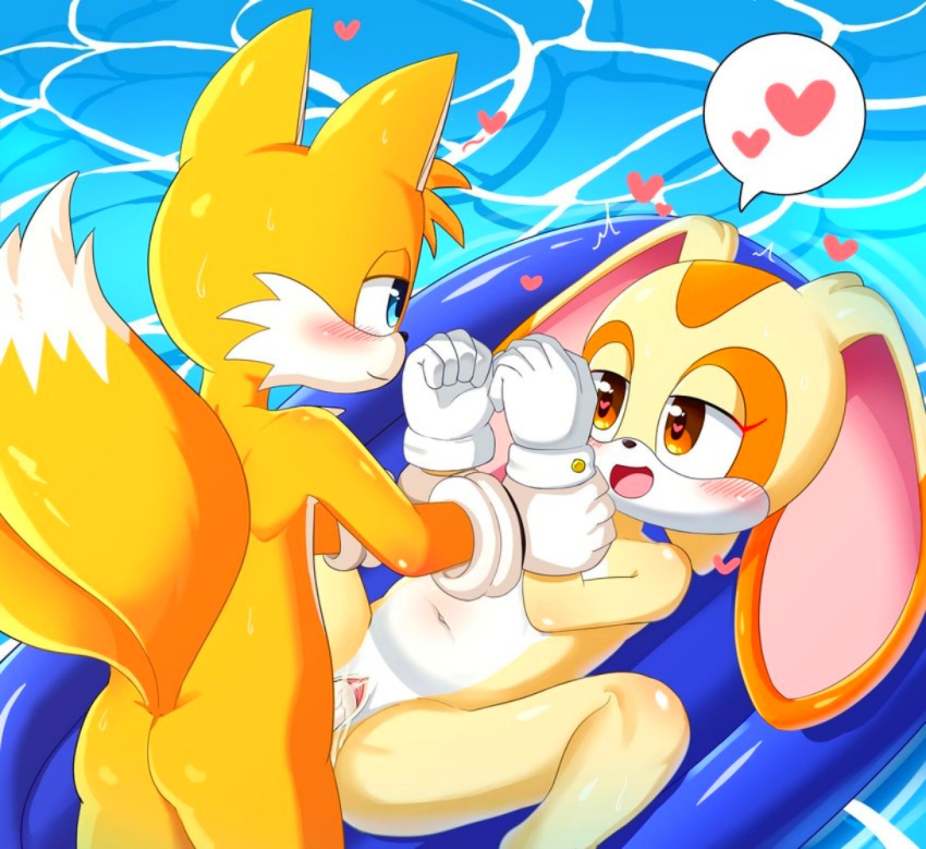 ai_generated completely_nude_female cream_the_rabbit furry furry_female furry_male gloves heart-shaped_pupils looking_at_another miles_"tails"_prower nude_female pool sega sonic_the_hedgehog_(series) vaginal_penetration water