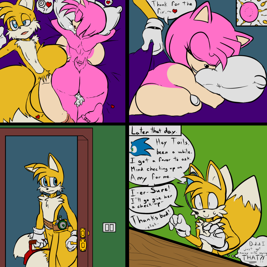 1girl 2017 after_sex amy_rose anthro armpits ass big_ass big_balls big_breasts big_penis breasts canine comic cum cum_in_pussy cum_inside dialogue duo english_text flaccid fox furry heart hedgehog huge_balls huge_breasts huge_penis impregnation littlegraybunny male mammal miles_"tails"_prower nude penis sega sonic_the_hedgehog testicles text