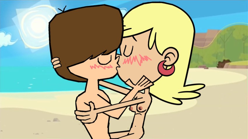 1boy 1girl aged_up beach blush cartoon_network crossover foster's_home_for_imaginary_friends hugging jose101 kissing leni_loud mac_(fhfif) nude older the_loud_house