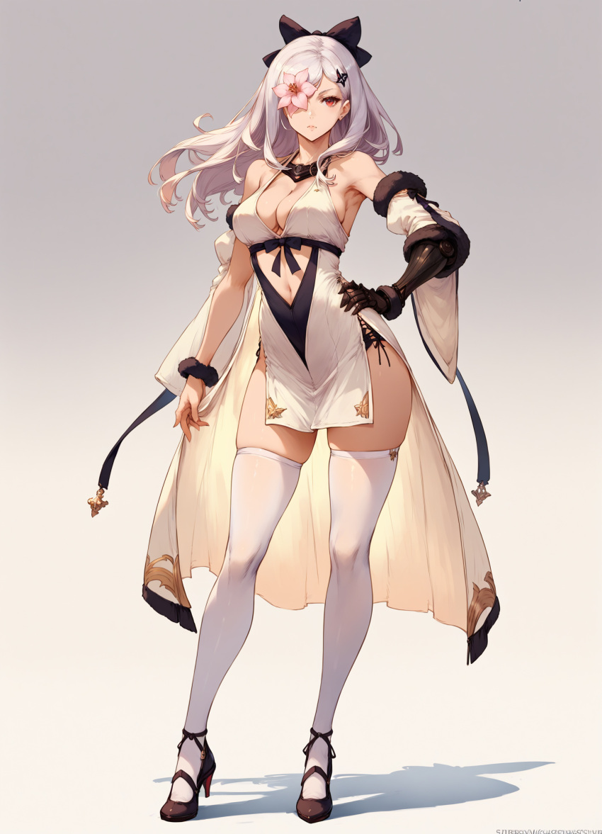 ai_generated flower_in_hair gauntlet gauntlets hair_ribbon heeled_shoes high_heels legwear long_dress long_hair mary_janes neckline non-nude red_eyes ribbon ribbons standing tights white_background white_hair