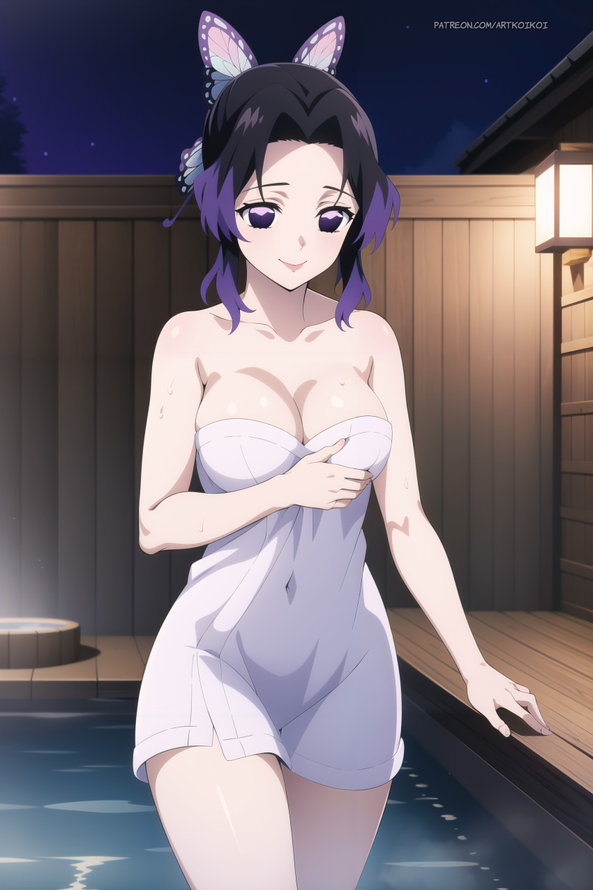 1girl alluring bare_legs black_and_purple_hair breasts cleavage demon_slayer kochou_shinobu koikoi_(artist) naked_towel onsen towel_around_body wet