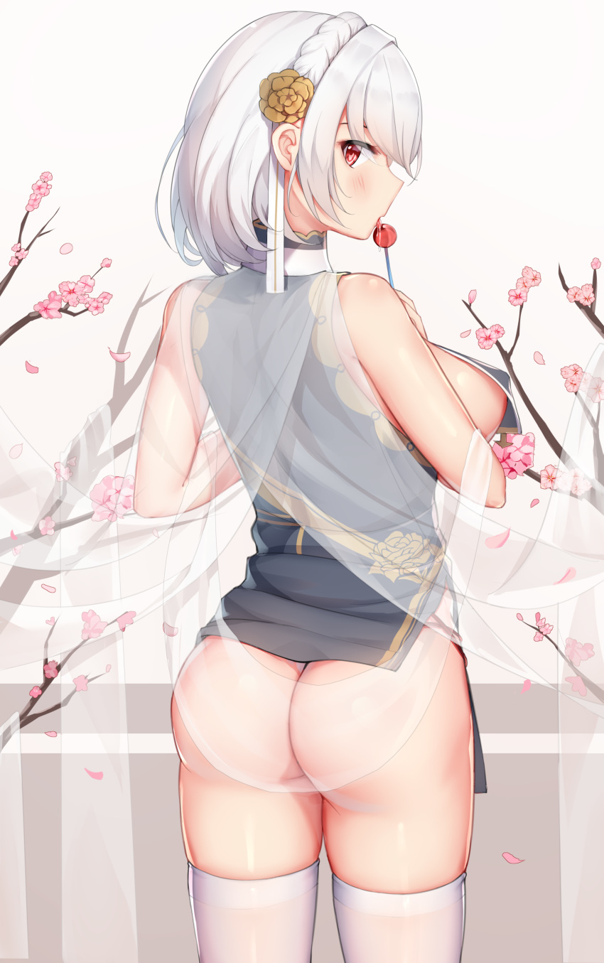 1girl 1girl 1girl ass azur_lane bangs big_breasts blush braid breast_curtains breasts candy china_dress chinese_clothes dress erect_nipples erect_nipples_under_clothes food from_behind gei_daipf hair_between_eyes hair_ornament high_resolution holding holding_food holding_object licking lollipop looking_at_viewer looking_back nipples petals red_eyes revealing_clothes revision see-through short_hair sideboob sirius_(azur_lane) sirius_(azure_horizons)_(azur_lane) stockings thighs tied_hair very_high_resolution white_hair white_legwear