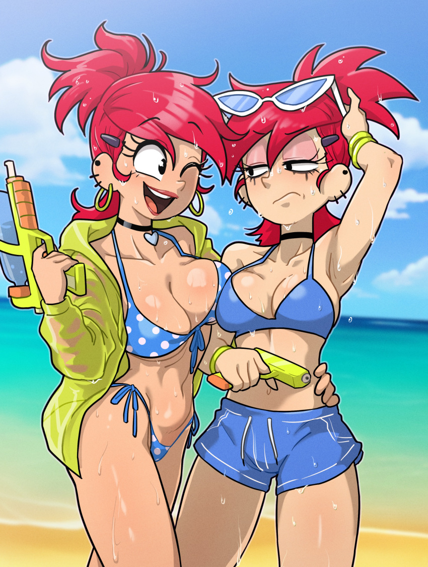 2_girls annoyed annoyed_expression beach centinel303 clone earrings foster's_home_for_imaginary_friends frankie_foster imaginary_frankie older older_female red_hair sunglasses water_gun wink young_adult