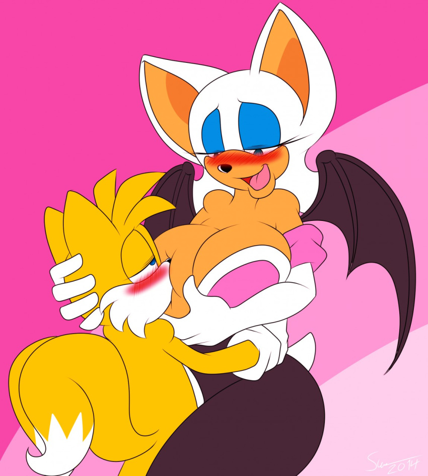 2014 age_difference anthro bat big_breasts blush breast_suck breastfeeding breasts canine female fox furry hand_on_head hugging male mammal miles_"tails"_prower rouge_the_bat sega smile sonic_(series) supersonicrulaa wings