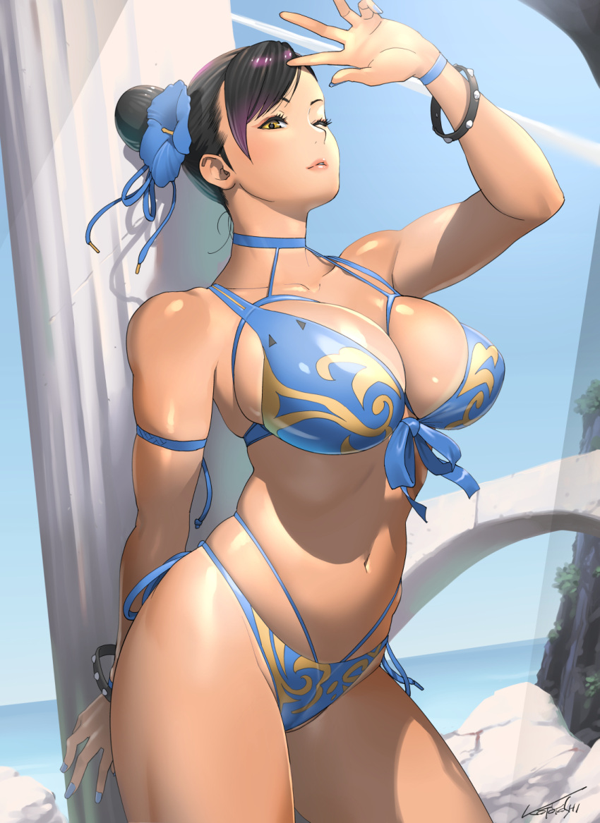 1girl 1girl 1girl artist_name asian asian_female big_breasts big_breasts big_breasts bikini black_hair blue_nails blue_sky bracelet bracelets breasts capcom choker chun-li cleavage clothed clothed_female clothes clothing colored_nails curvaceous curves curvy curvy_female curvy_figure dark_hair day eyelashes eyeshadow female_focus female_only flower flower_in_hair fully_clothed hair huge_breasts human human_only kotoyoshi_yumisuke legs light-skinned_female light_skin long_hair makeup mature mature_female nail_polish navel not_furry one_eye_closed outside outside painted_nails pink_lips revealing_clothes shadow shadows side-tie_bikini signature simple_background sky solo_female solo_focus spiked_bracelet standing street_fighter swimsuit tan tan_line tan_skin thick thick_thighs thighs thin_waist uncensored video_game_character video_game_franchise voluptuous wink wristband yellow_eyes