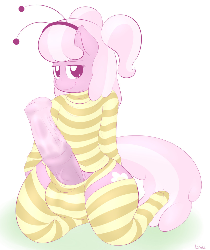 big_penis cheerilee clothed clothing costume equine erection friendship_is_magic fur futanari highres horse kneeling lamiaaaa large_penis looking_at_viewer mammal my_little_pony penis pony pose seductive smile solo striped testicles vein