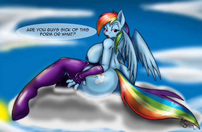 2014 anthro blue_fur breasts cloud cutie_mark dialog english_text equine female fingerless_gloves friendship_is_magic fur furry gloves hair half-closed_eyes looking_at_viewer mammal multicolored_hair my_little_pony nipples outside pegasus rainbow_dash rainbow_hair solo suirano text wings