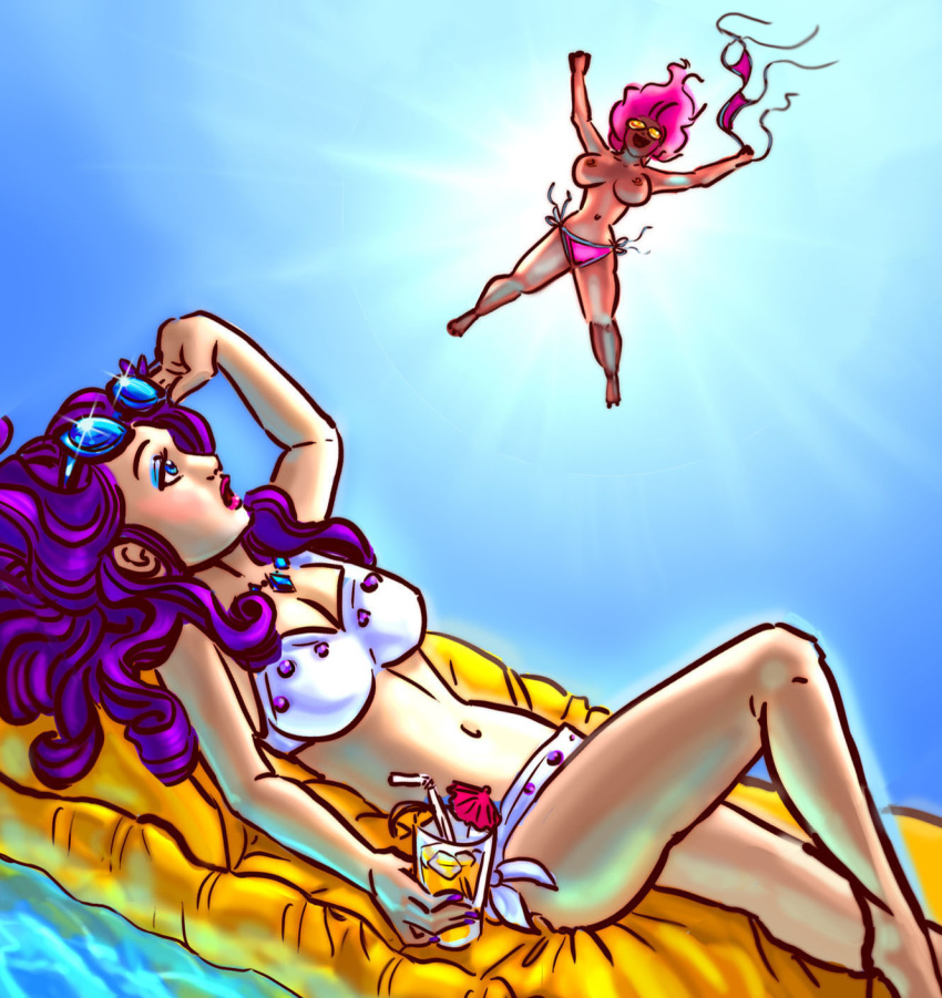 2_girls 2girls breasts friendship_is_magic humanized mostly_nude my_little_pony outdoor outside pinkie_pie pinkie_pie_(mlp) rarity rarity_(mlp) sunglasses superkeen swimsuit
