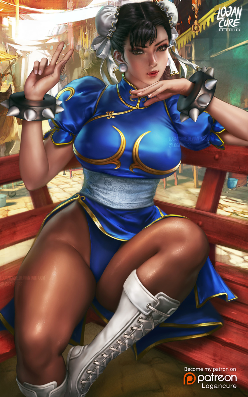 1girl 1girl 1girl asian big_breasts breasts brown_eyes brown_hair capcom chun-li female_only hair_bun high_res logan_cure long_hair mature mature_female patreon patreon_paid patreon_reward smile solo_female street_fighter thick_thighs video_game_character video_game_franchise