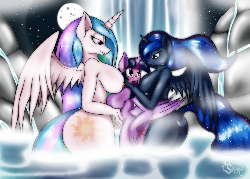 2014 alicorn anthro ass blue_eyes blue_fur blue_hair breasts cutie_mark equine female friendship_is_magic fur furry group hair horn large_breasts lesbian long_hair mammal moon multicolored_hair my_little_pony night nipples open_mouth princess_celestia princess_luna purple_eyes purple_fur sideboob size_difference smile stars suirano twilight_sparkle water wet white_fur winged_unicorn wings yuri