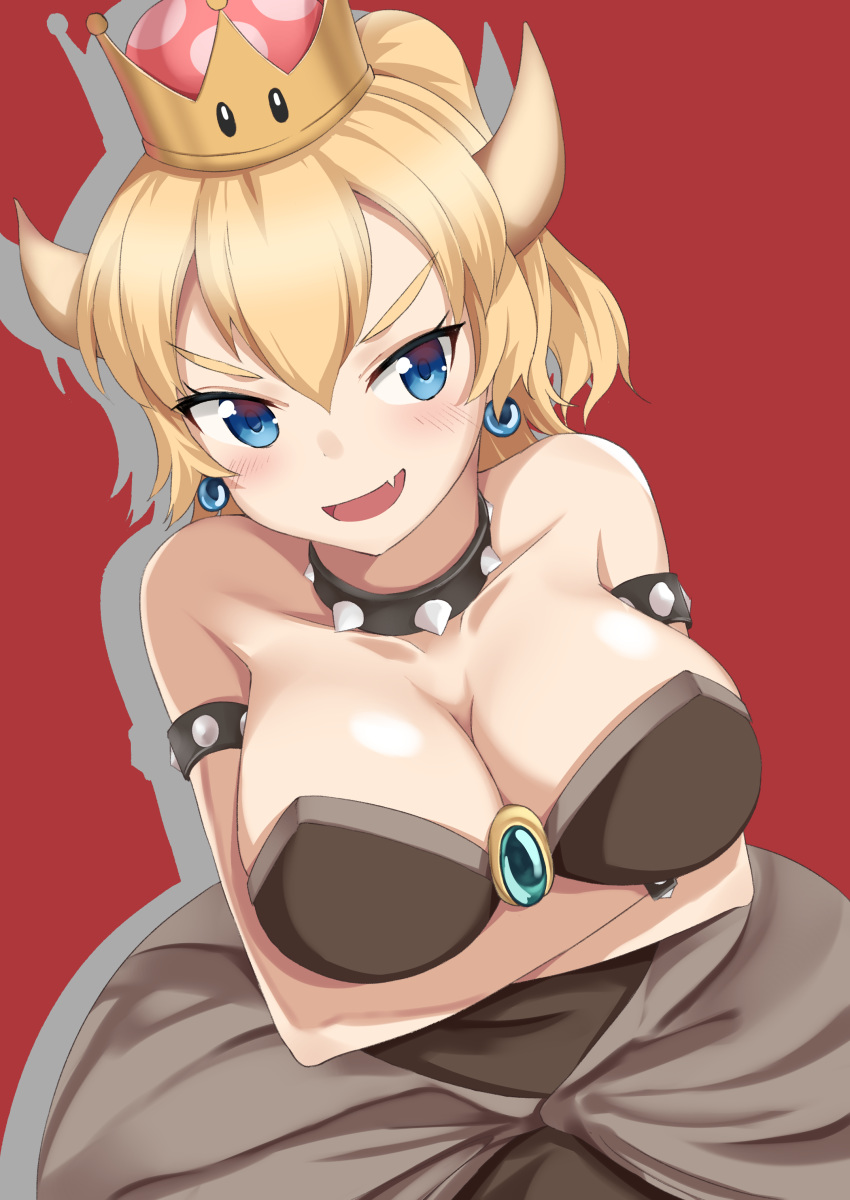 1girl armlet arms_crossed bare_shoulders big_breasts black_dress blonde_hair blue_eyes blush bowsette breasts cleavage collar crown dress earrings fang horns large_breasts new_super_mario_bros._u_deluxe open_mouth spiked_armlet spiked_collar spikes super_mario_bros.