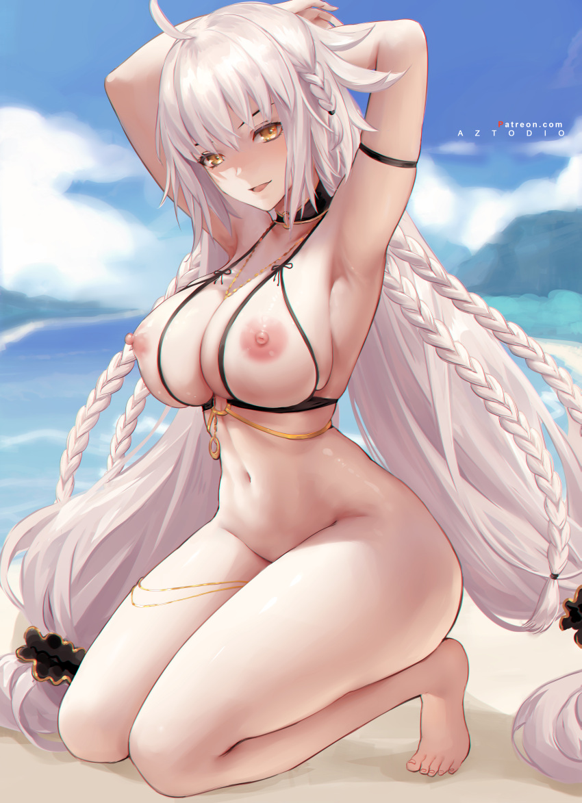 1girl 1girl 1girl arm_strap armpits arms_behind_head azto_dio bangs barefoot beach big_breasts bikini bikini_top black_bikini black_swimsuit blue_sky bottomless braid breasts cleavage cloud fate/grand_order fate_(series) feet full_body high_resolution jeanne_d'arc_(alter) jeanne_d'arc_(fate) kneel large_filesize looking_at_viewer navel nipples nude o-ring o-ring_bikini o-ring_bottom o-ring_top ocean shiny shiny_skin silver_hair sky swimsuit thick_thighs thighs tied_hair tsurime very_high_resolution white_hair yellow_eyes