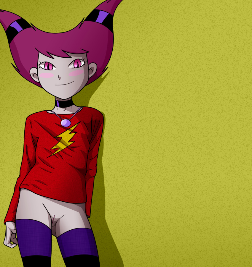 1_girl 1girl bottomless dc_comics female female_only hairless_pussy jinx looking_at_viewer no_panties panzer partially_clothed pussy solo standing stockings sweater tagme teen_titans