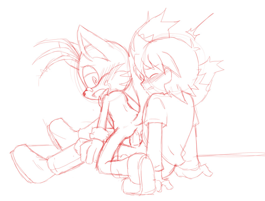 2boys 2males anal anthro ass blush chris_thorndyke cum from_behind full_body furry gay human interspecies male male_only miles_"tails"_prower monochrome multiple_boys multiple_tails partially_clothed penis sega sex shirt socks sonic_(series) sonic_the_hedgehog sonic_x tail yaoi