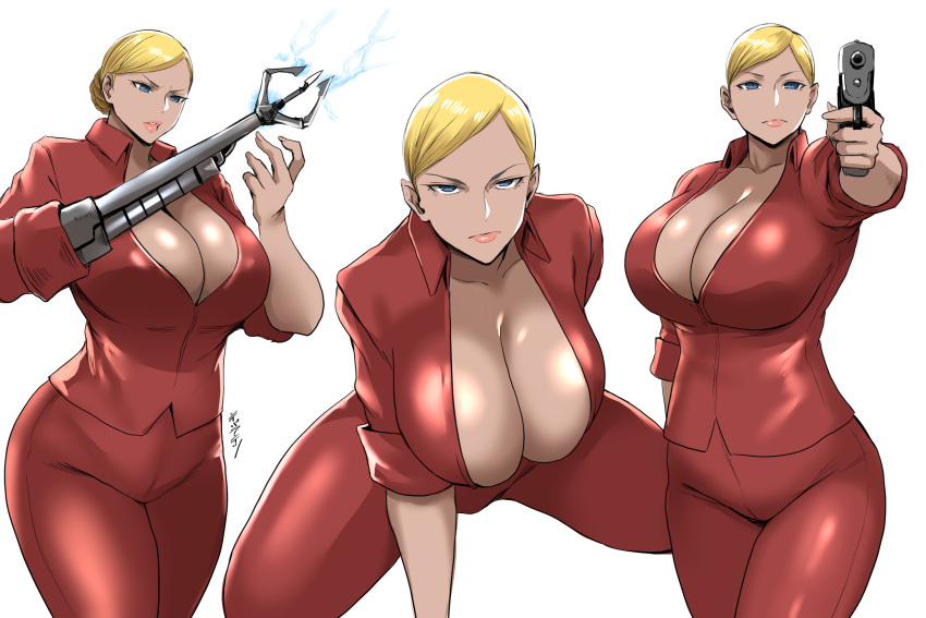 1girl absurd_res android artist_name big_breasts blonde_hair blue_eyes breasts cleavage clothed clothed_female clothes clothing collarbone commission curvy eyelashes female_focus female_only frown fully_clothed gun hair_bun half-closed_eyes high_res hips holding_object holding_weapon hourglass_figure huge_breasts humanoid japanese_text lips lipstick long_hair looking_at_viewer makeup multiple_poses pants parted_lips pink_lipstick pistol robot robot_girl robot_humanoid rolled_up_sleeves sexy shiibara_tetsu shiny_skin shirt short_sleeves signature simple_background solo_female solo_focus squatting swept_bangs t-x tagme tan_skin terminator terminator_3:_rise_of_the_machines text thick thick_thighs thighs tied_hair top_heavy voluptuous weapon white_background wide_hips